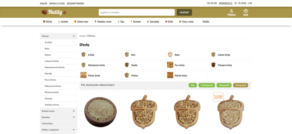 Výpis produktů v e-shopu Nutily.cz, postaveném na WooCommerce.
