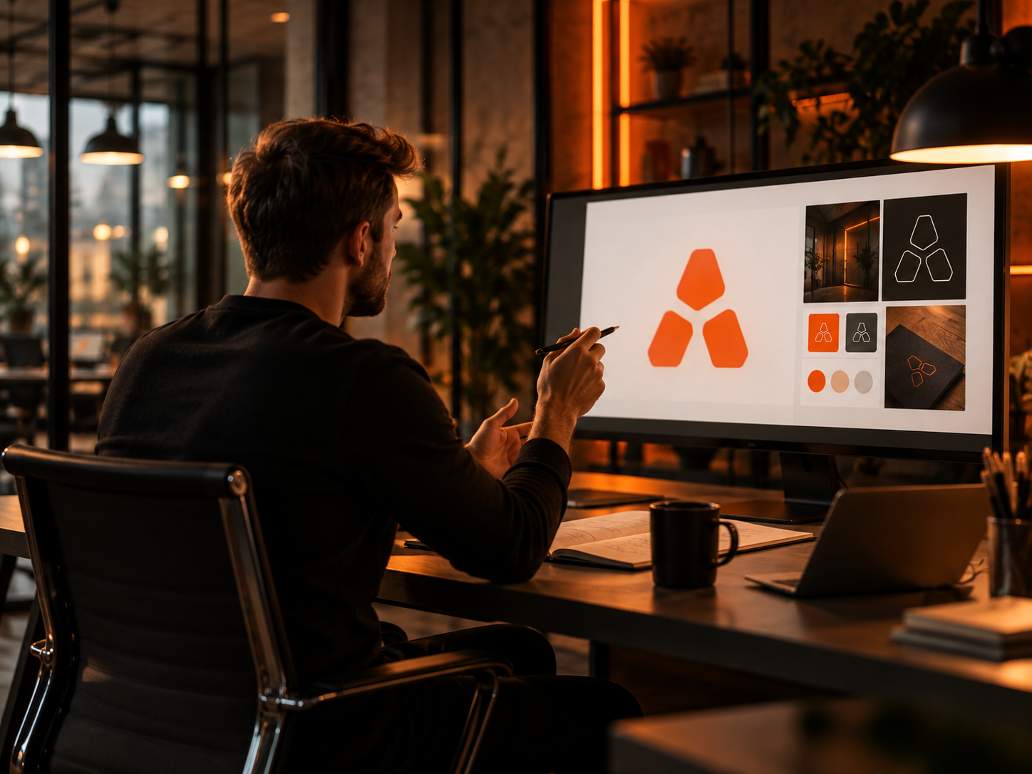 Designer working on the Affinite brand identity on a large screen