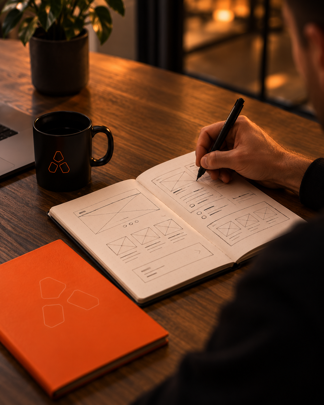 Hand sketching wireframes in a notebook next to a coffee mug