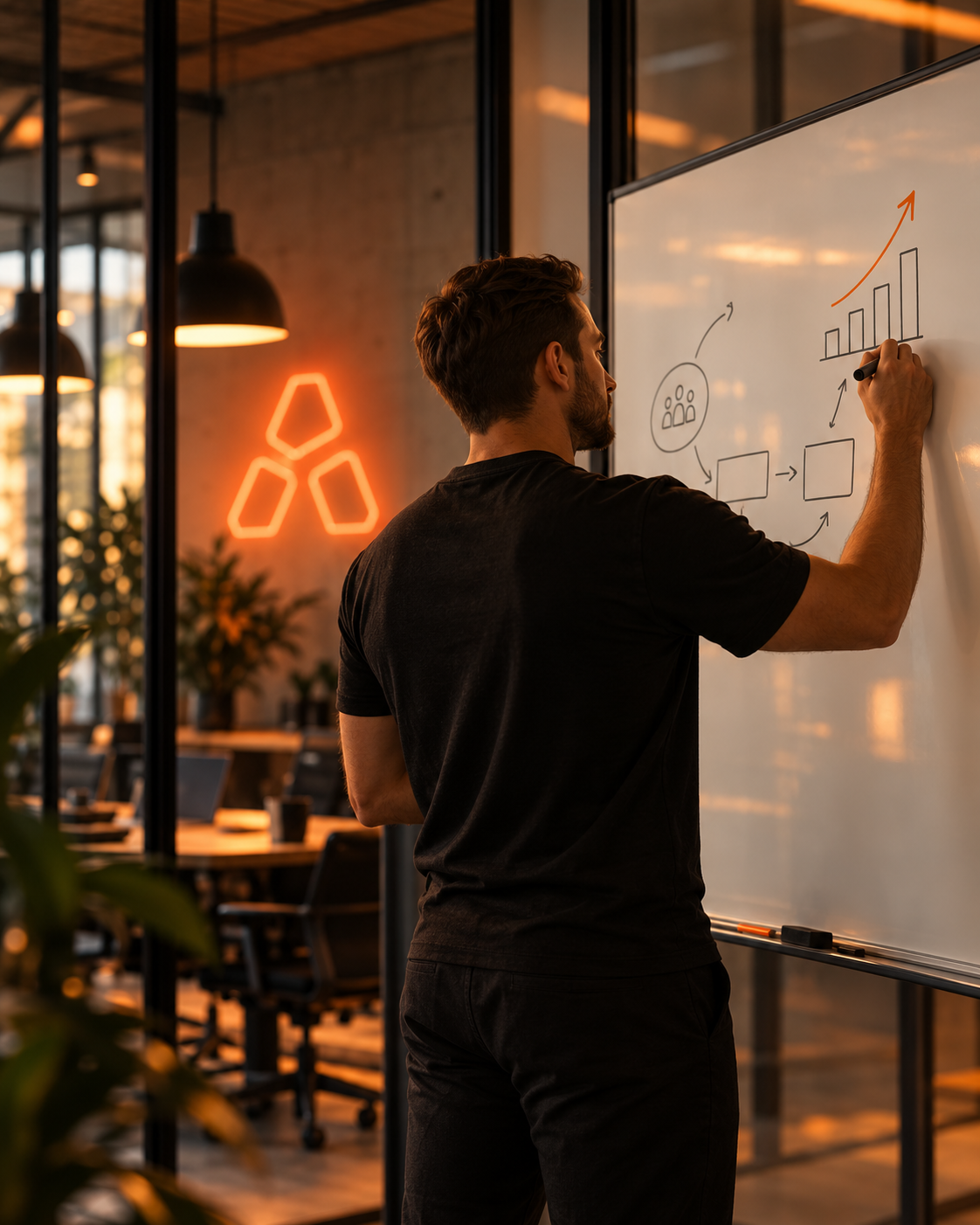 Man drawing a growth chart on a whiteboard in the office