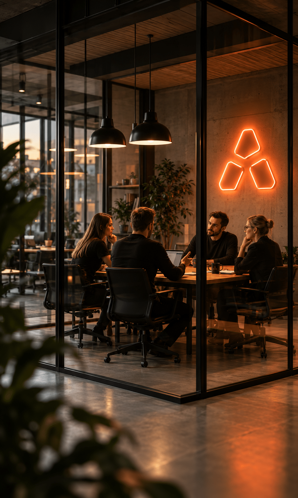Affinite team in a meeting room with the neon logo on the wall