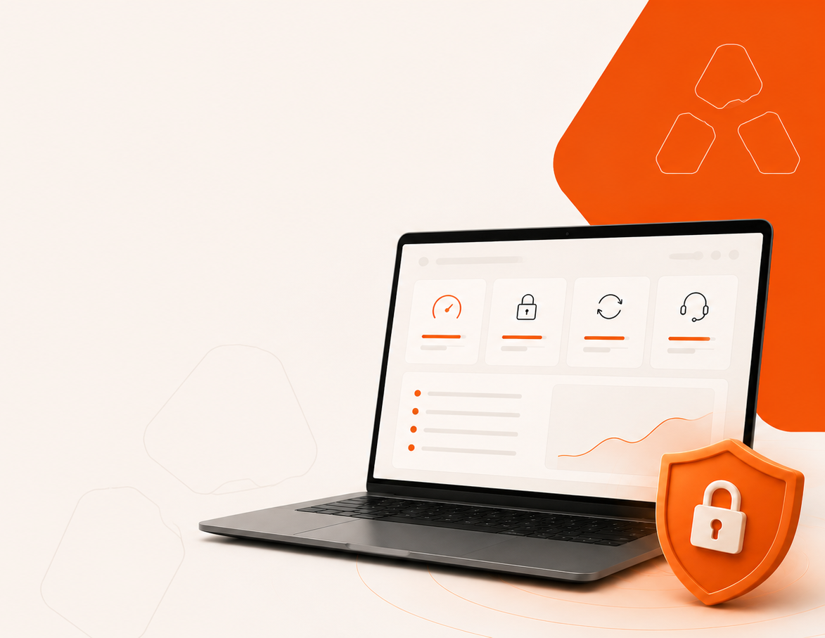 Laptop showing a website monitoring dashboard with speed, security, updates and support panels